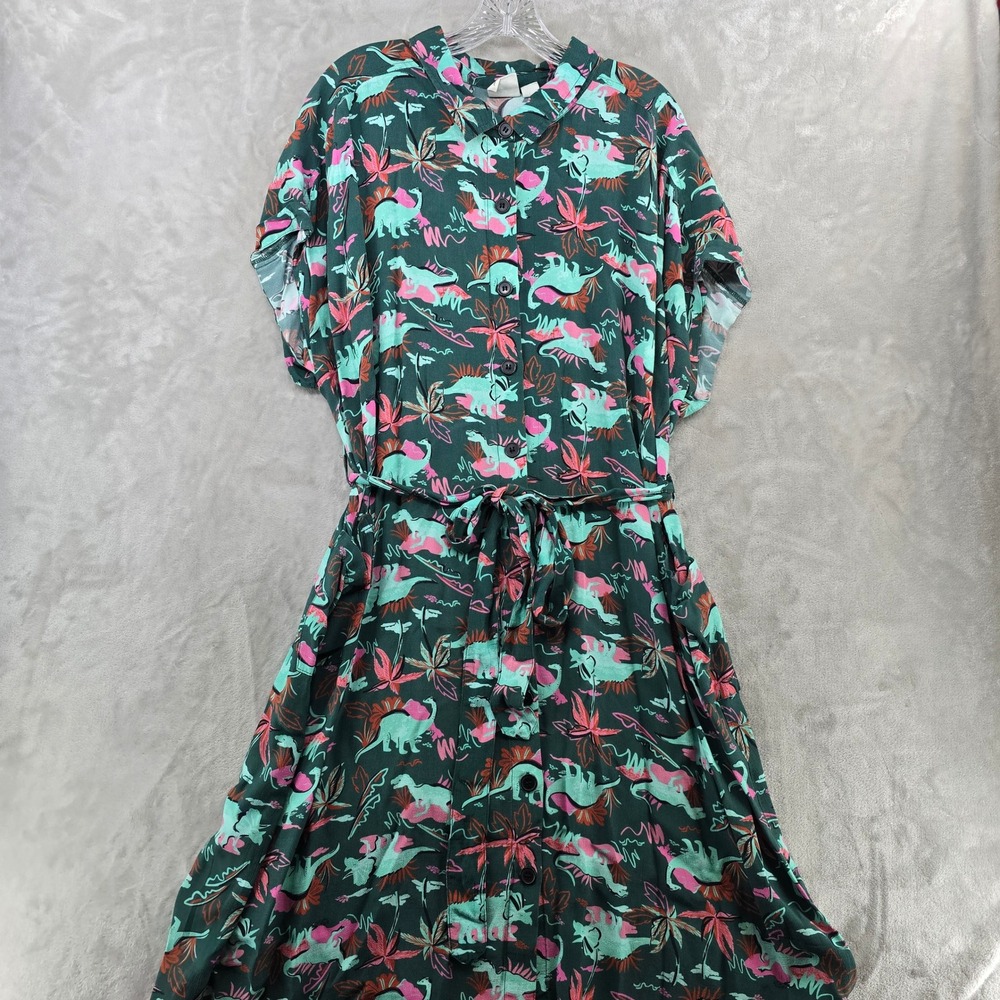Joanie Women 14 Meronti Shirt Dress Green Dinosaur Tropical Print Button Tie
